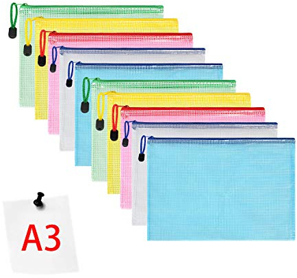 Vicloon Dokumententasche A3, 10 Stücke A3 Datei Taschen mit Reißverschluss, Mesh Kunststoff Reißverschlusstasche für Datei, Papier, Dokumente, Kosmetika, Hausaufgaben und Reisezubehör