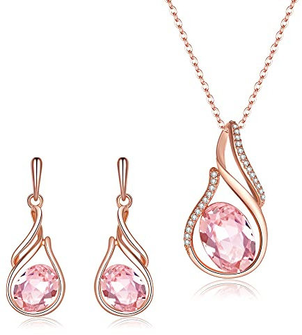 Clearine Austrian Crystal Flower Bud Teardrop Rhinestone Pendant Necklace Earrings Set Wedding/Birthday/Valentines Day/Christmas/Mothers Day Jewellery Gift for Women Pink Rose-Gold-Tone