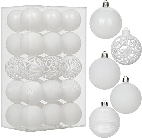 30 pcs Christmas Baubles Xmas Ball Ornaments with Strings, 60mm/2.4 White Shatterproof Plastic Hanging Decorations, Christmas Tree Pendants for Home Party Wedding Holiday