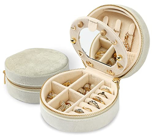 Dajasan Velvet Jewelry Organizer, Mini Travel Jewelry Case, Small Portable Travel Jewelry Organizer Box with Mirror for Earrings Bracelets Rings Necklace (Beige)