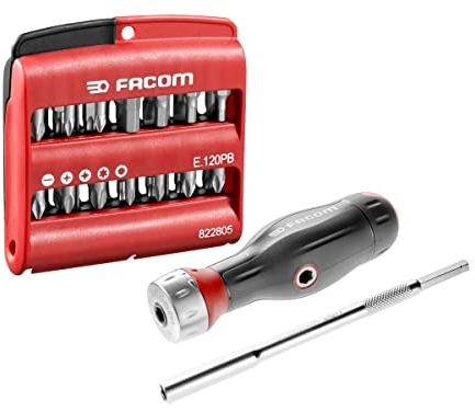 FACOM Composition de Tournevis 3 en 1 Protwist et Jeu Mixte de 28 Embouts - Manche Ergonomique Bi-Matière - Cliquet 45 Dents de Grande Qualité - ATCL.2A2PB