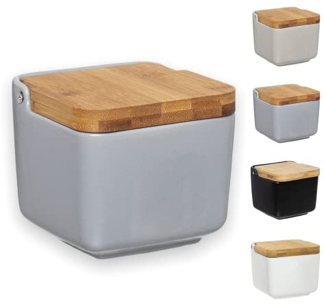 TIENDA EURASIA® Salero de Cocina de Porcelana con Tapa, Diseños Originales y Modernos (Salero Gris 12 x 12 x 11 cm)