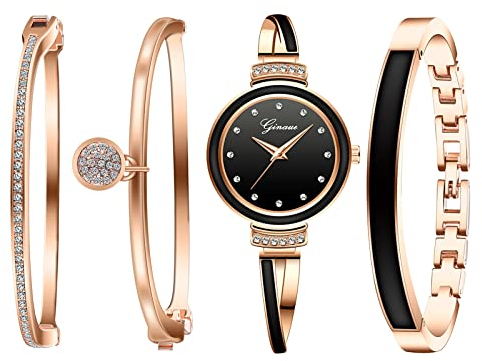 JewelryWe 4pcs Damenuhr Armreif Set Damen Strass Metallarmband Analog Quarz Uhr Kristall Armband Schmuckset Geschenke für Frauen, Rosegold Schwarz