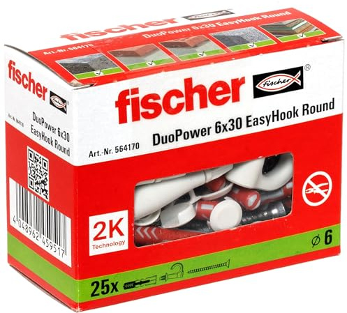 fischer 564170 Round, set med 25 runda krokskruvar och DuoPower, spånskivskruvar med krokar, flexibla skruvkrokar för montering i många byggmaterial EasyHook, vit, 6 x 30 pluggar