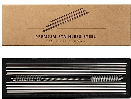 Jettory Set di 8 cannucce in acciaio inox, lunghe 21,6 cm, diametro 0,5 cm, cannucce dritte da cocktail, cannucce in metallo con 2 spazzole per la pulizia, cannucce riutilizzabili per bere e mescolare