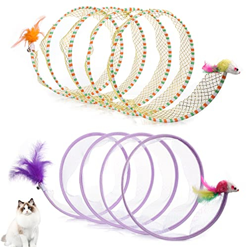 TOYMIS 2stk Katzentunnel, 25cm Großer Tragbarer Katzenspielzeug-Spiraltunnel mit Synthetischer Feder und Spielzeugmaus Tunnelfeder im Freien Welpenkätzchen Generisch (Gelb Gestreift, Lila)