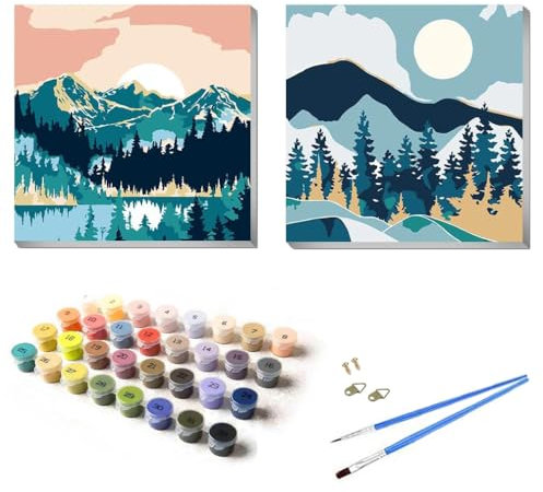 UNIQUORS 2 Stück Malen Nach Zahlen mit Rahmen, Landschaft Berge, Malen Nach Zahlen Erwachsene Kinder für Home Deko (20x20cm)