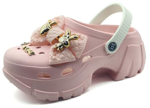 Sunporx Plattform för kvinnor träskor hög plattform trädgård clog sandaler strand halkfria träskor söt mode rosett tillbehör tjock botten träskor, Rosa, 8-8.5 US