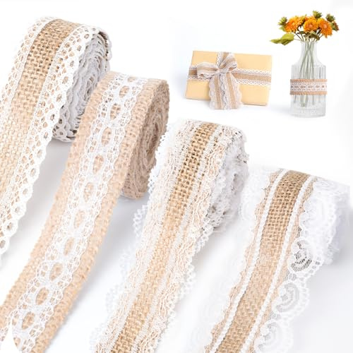 AiQInu 4 Rollo de Cinta de Yute con Encaje 2M, Cinta de Arpillera Tela de Decoración, Vintage Cañamo Cinchas Decorativas para DIY Artesanía Boda Fiesta Regalo