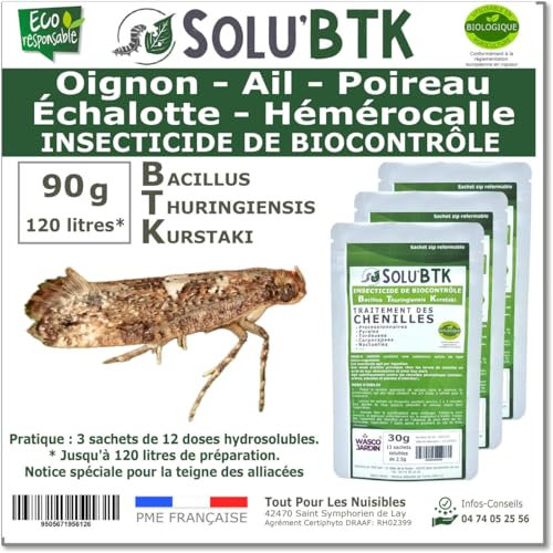 SoluBTK - Oignon, Ail, Poireau, Échalotte, Hémérocalle 90 gr Bacillus thuringiensis - Insecticide Utilisable en Agriculture Biologique