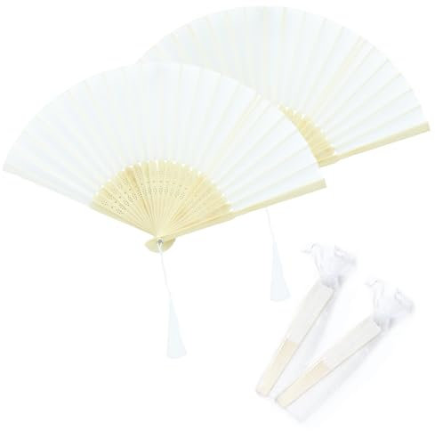 Lre Co. Abanico de mano plegable, 2 juegos de abanicos plegables chinos, abanicos de tela de bambú con bolsas de abanico, abanicos de bolsillo de baile de bodas decorados con bricolaje (Blanco)