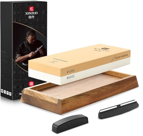 XINZUO Pietra per Affilare 2-in-1, Affilacoltelli Bifacciale Grana 1000/5000, Professionale, 5 Pezzi Affila Coltelli -con Base Antiscivolo e Guida Angolare e Pietra Piatta Diamantata