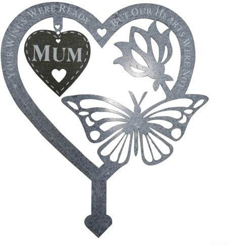 Placa conmemorativa para tumba, elegante en forma de corazón, con flores de mariposa para recuerdo fallecido (MUM)