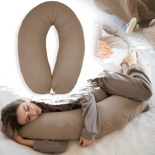 PaLulli® Ergonomisches XXL Stillkissen 190x30 cm mit Bezug aus Bio-Musselin Baumwolle - ideales Schwangerschafts- & Seitenschläferkissen, Komfort und Unterstützung für Erwachsene und Mütter (Braun)