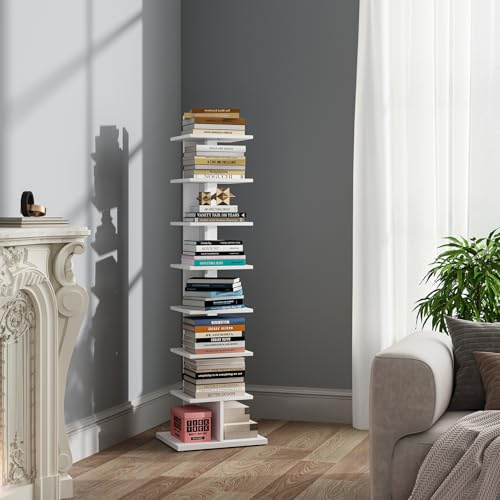 TUTOTAK Bibliothèque verticale à 8 niveaux, étagère à livres à dos étroit pour petit espace, étagère de coin pour salon, bureau, bureau d'étude, entrée, blanc BS06BW008EU