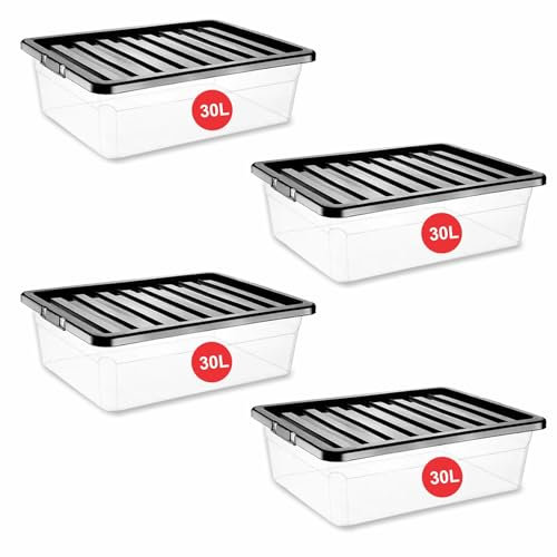 RelianceUK 4 X 30L Underbed Storage Boxes – Clear Plastic Storage Boxes with Black Lids – 30 Litre Nestable Stackable Multipurpose Under Bed Storage Containers for Bedroom, Home & Office Organization