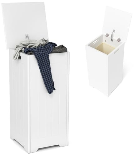 HOMASIS 55L Wäschekorb mit Deckel, Wäschesammler Wäschetruhe Holz, Wäschebox Waschkübel Wäschschrank laundry baskets, Wäschesortierer Badschrank für Badezimmer, Weiß (mit Wäschesack)