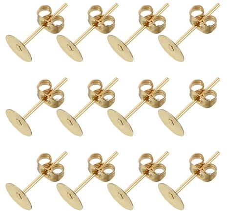 QUARKZMAN 100 Piezas De Postes Y Cierres Para Aretes, 6mm/0.24 Pulgadas Postes Planos Con Cierres De Mariposa Para Joyería Artesanal DIY, Oro Claro