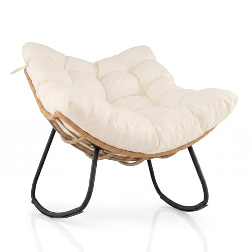 COSTWAY Fauteuil à Bascule Exterieur Interieur XXL, Fauteuil de Jardin en Rotin PE Tressé, Cadre en Métal, Coussin Épais Amovible, Rocking Chair pour Balcon Salon Porche, Charge 140 kg (Blanc)