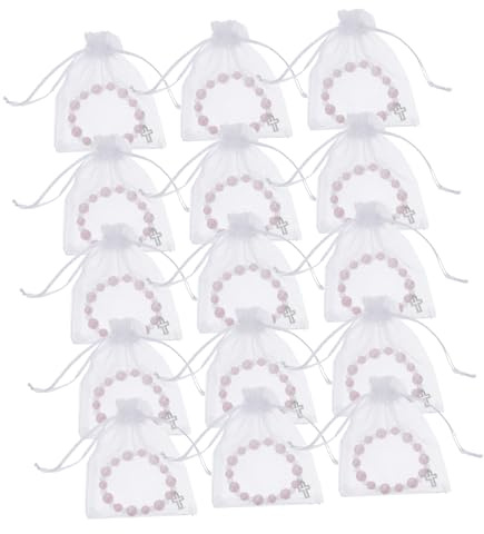 Zerodeko Set 20 Braccialetti Rosario Battesimo in Plastico Rosa con Croce Traforata e Perle Finte, Confezionati in Sacchetti Organza per Eventi Religiosi e Comunioni