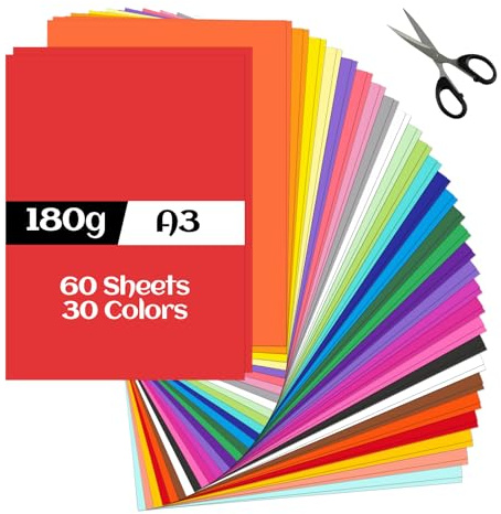 Papier Cartonné Coloré A3, 60 Feuilles en 30 Couleurs, 150 g/m², Feuilles Couleur pour Bricolage, Impression, Travaux Manuels, Créations et Loisirs Créatifs, avec Ciseaux