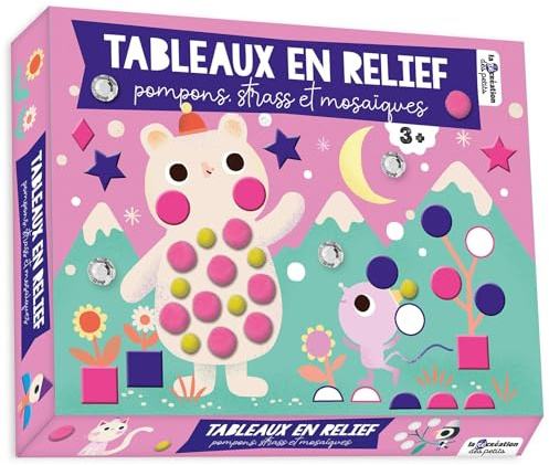 Pompons, gommettes mousse et strass - animaux du froid - coffret avec accessoires: Coffret avec 3 planches de gommettes, 40 pompons, 20 strass et 5 tableaux à décorer