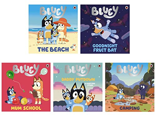 Bluey 5 Picture Book Story Collection Set (The Beach, Goodnight Fruit Bat, Mum School, Daddy Putdown & Camping)