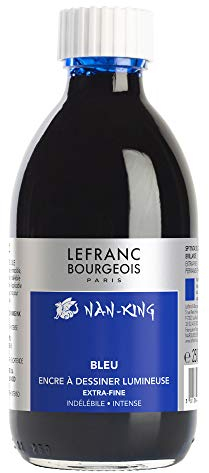 Lefranc Bourgeois 059091 Nan King Kalligrafie - und Zeichentusche, pigmentierte Tusche, hohe Farbbrillanz, Leuchtkraft für feinste Zeichnungen, Kalligrafie & Skizzen, 250ml Flasche - Blau