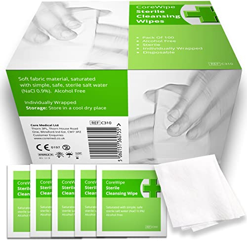 Soft Moist Cleansing Wipes STERILE AND ALCOHOL FREE. Pack Of 100x by Core Medical. For non-sting cleaning of wounds and scrapes at home, walking, camping and First Aid Kit Refills.