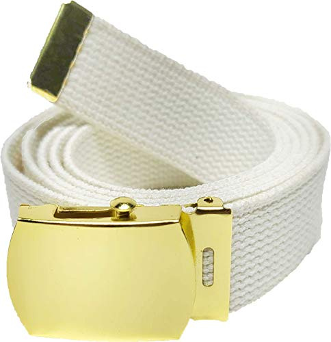 ARMYU Army Web Belt 100% Cotton Canvas Military Color Belts 54 Long, White Belt/Gold Buckle, 54