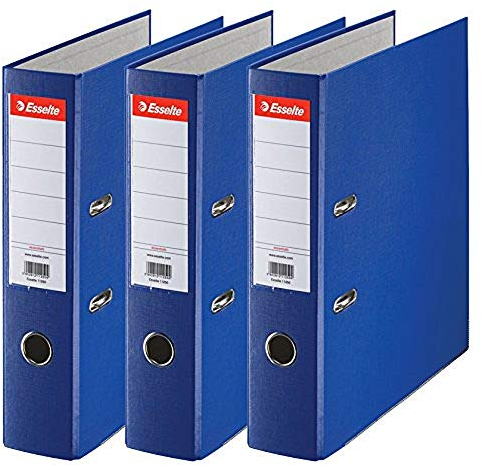 Esselte 624291 - Archivador de Palanca con Anillas Essentials, de PP, Mecanismo Estándar, con Capacidad de 500 Hojas A4, 3 Unidades, Azul, 75 mm, Certificado FSC, Etiqueta en el Lomo Reemplazable