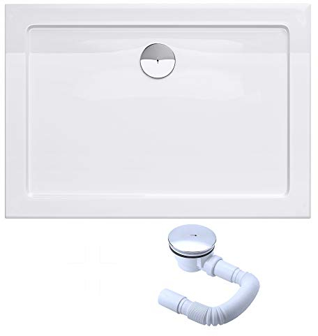 doporro Plato de ducha plano diseño Faro2W 70x100x4 de acrílico en blanco rectangular incl. válvula de desagüe adecuada para instalación a nivel del suelo y conexiones-DIN