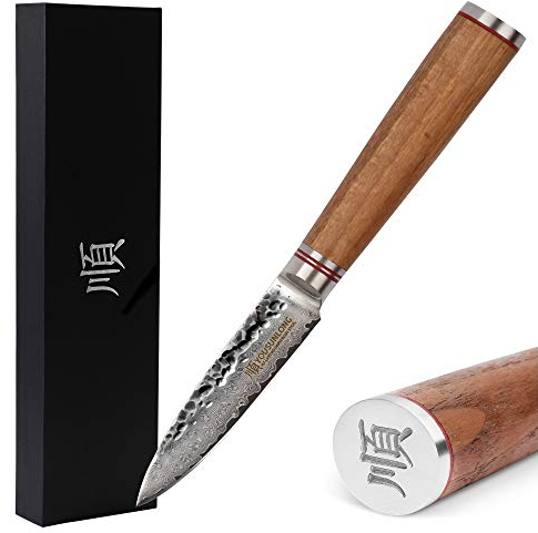 YOUSUNLONG Couteaux d'office - Lame de 90mm en acier Damas VG10 martelé au Japon - Couteau à fruits tranchant comme un rasoir - Manche en bois de noyer naturel - Couteau Seiko