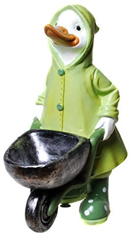 Aspinaworld Statue de jardin Canard de jardin avec imperméable avec brouette 14 cm Figurine de jardin en résine résistante aux intempéries Canard Vert