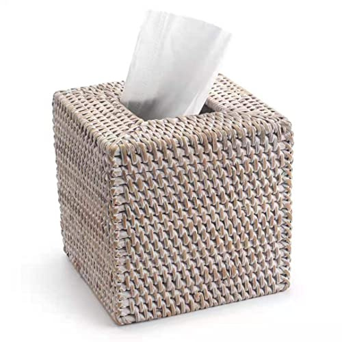 Rattan Tissue Box Cover Square, Hand Woven Wicker Tissue Holder, 5.5 x 5.5 X 5.7 inch, Whitewash