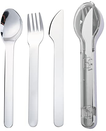 VANRA Juego de cubiertos de 3 piezas Juego de cubiertos de bolsillo 18/8 Acero inoxidable Tenedor Cuchara Juego de cuchillos con fiambrera, viajes, camping, escuela, picnic de trabajo (gris)