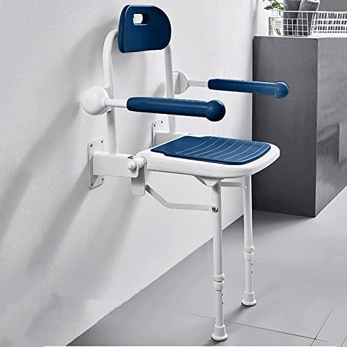 DATEN Asiento De Ducha Abatible con Brazos, Banco De Ducha Montado En La Pared Taburete Silla Plegable Regulable En Altura con Pata De Apoyo Y Respaldo, Carga 190 Kg (Color : Blue)