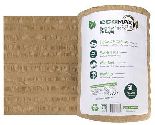 IDL Packaging 12 x 50' EcoMax Kraft Paper Cellulose Wadding (1 Roll) - Cushioning Wrapping and Box Void Filling - Soft and Gentle Packing for Shipping, Moving, and Storing Fragile Items