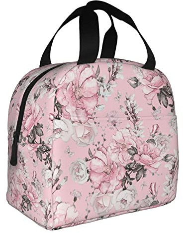 XVBCDFG Bolsas de almuerzo con estampado de flores y hojas de acuarela rosa para hombres y mujeres, fiambreras reutilizables aisladas, pequeñas bolsas de alm