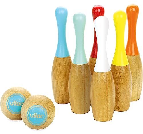Vilac - 6 Bowlingkegel – zweifarbig – Outdoor-Spiel – Geschicklichkeitsspiel und Präzisionsspiel aus Holz – Gesellschaftsspiel – 2 Kugeln – Aufbewahrungstasche aus Baumwolle