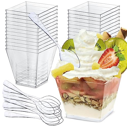 AllBags 50 Stück Desserttassen desert gläser set Dessertbecher mit Löffeln Wiederverwendbare Dessertgläser Plastik für Dessert Pudding Mousse Party dessertschalen (200ml)