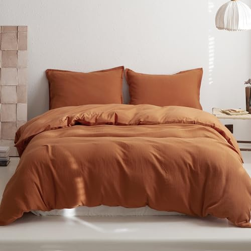 Simple&Opulence Muslin Single Duvet Cover Set, 100% Cotton Ultra Soft and Lightweight Textured Puckering Bed Duvet Cover with 1 Pillowcase (135×200cm, Burnt Orange)