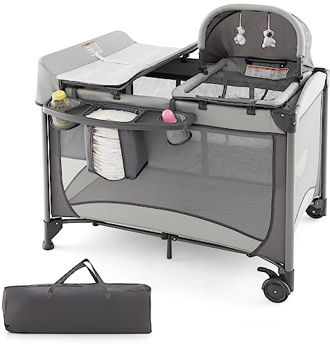RELAX4LIFE 5-in-1 Lettino da Campeggio per Bambini, Culla Neonato Fianco Letto, Lettino Neonato con Materasso, Ruote Bloccabili e Borsa per il Trasporto, per Bambini 0-36 Mesi (Grigio)