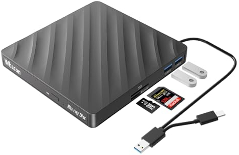 Lecteur Blu-ray externe 5 en 1, USB 3.0 Type-C Slim Optical External Bluray DVD Graveur avec lecteur de carte SD/TF 2 concentrateurs USB 3.0 Compatible avec Windows XP/7/8/10 MacOS MacBook ordinateur