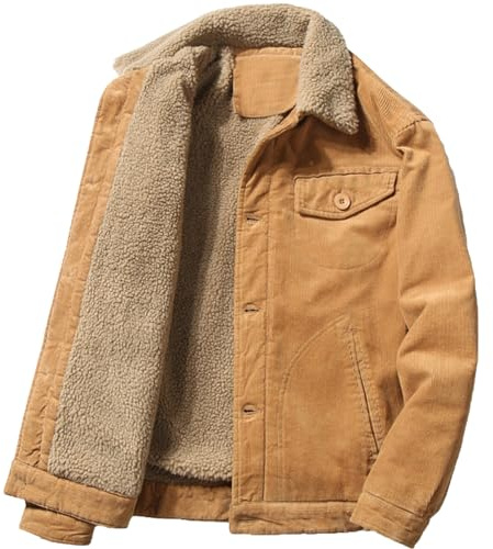 Juneyou Giacca da uomo in velluto a coste con colletto alla coreana, fodera in sherpa ispessita, cappotto caldo con tasche, cachi, L