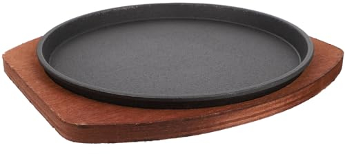 HOLIDYOYO Pequeño Redonda Placa de Hierro Fundido Antiadherente para Parrilla Base de Madera para Asar Carne Verduras Desayunos para Cocina Casera Restaurantes 19cm