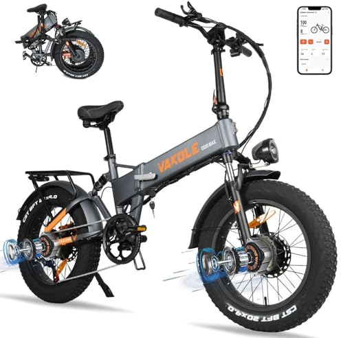 VAKOLE E-Bike Klapprad 20 Zoll Fatbike mit Doppelmotor, 48V 20Ah Akku, 120KM Reichweite - Hydraulische Bremse, Vollfederung Ebike Herren mit APP