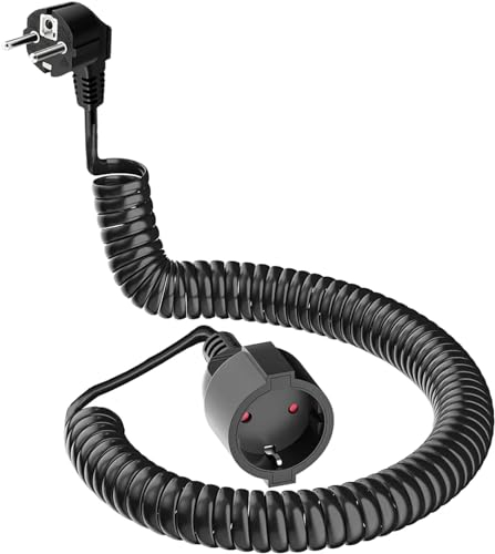 Cavo di prolunga a spirale di 2 m con 4 prese, cavo a spirale espandibile con spina di messa a terra e giunto di messa a terra, 230V/16 A, IP20, nero