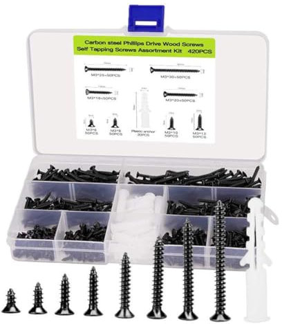 POFET Tornillos autorroscantes de Cabeza Plana M3 420 Piezas Tornillos autorroscantes de Cabeza avellanada Phillips Negros Incluye 20 Piezas de Anclajes de Tornillo M6