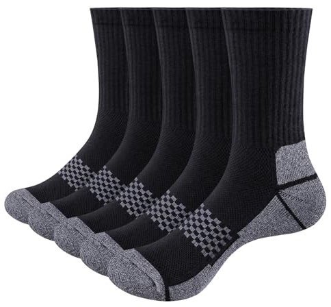 YUEDGE Men's Black Terry Cushioned Athletic Crew Socks, Moisture Wicking Walking Socks, Comfort Anti-Odor Work Socks, OEKO Certified, Size 6-10, 5 Pairs
